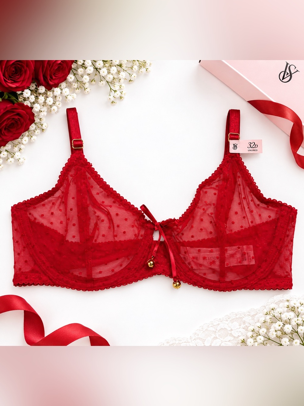 Victoria's Secret Very Sexy Red Polka Dot Mesh Unlined Bra with Jingle Bells